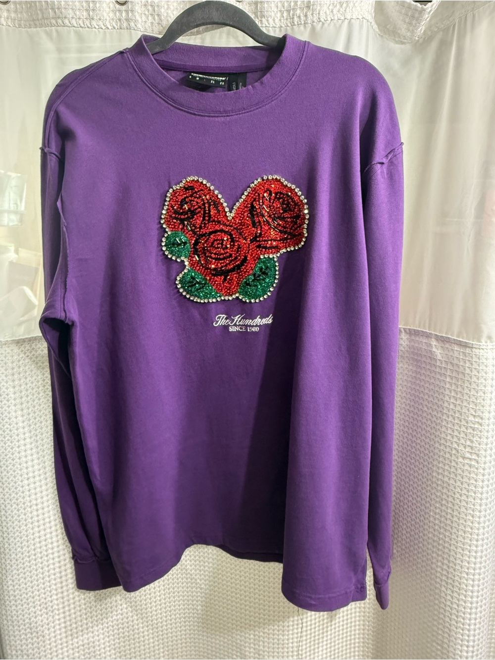 The Hundreds Purple Long Sleeve Sweatshirt with Red & Green Beaded Rose Patch